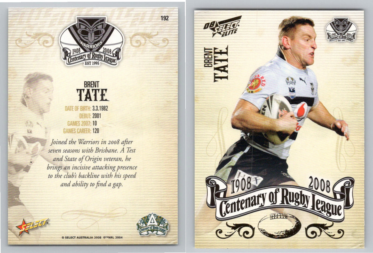 Card #   192 BRENT TATE NRL Centenary of Rugby League