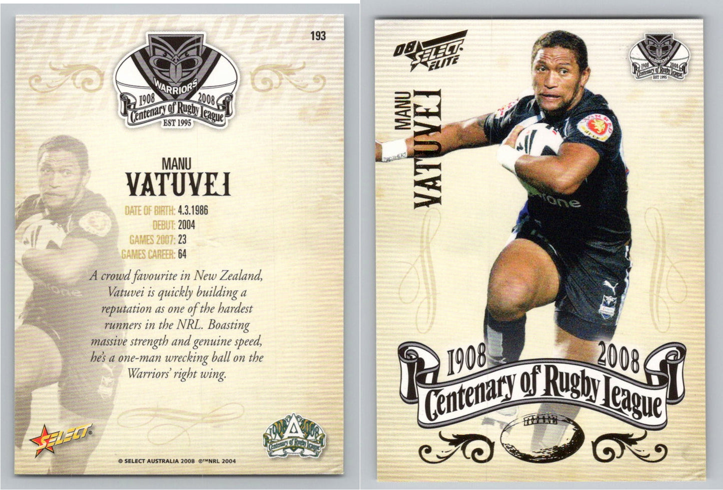 Card #   193 MANU VATUVEI NRL Centenary of Rugby League