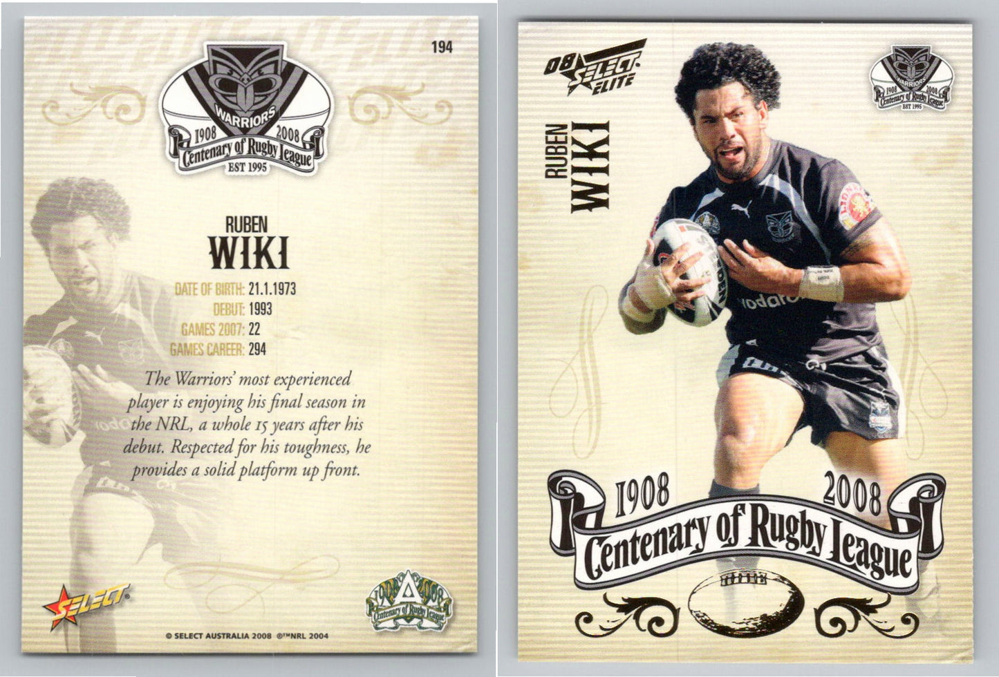 Card #   194 RUBEN WIKI NRL Centenary of Rugby League