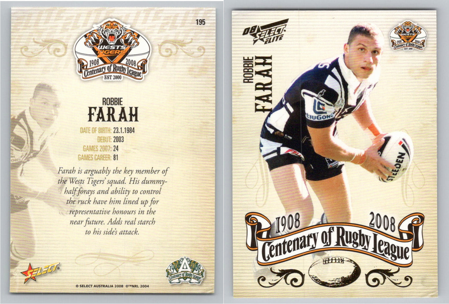 Card #   195 ROBBIE FARAH NRL Centenary of Rugby League