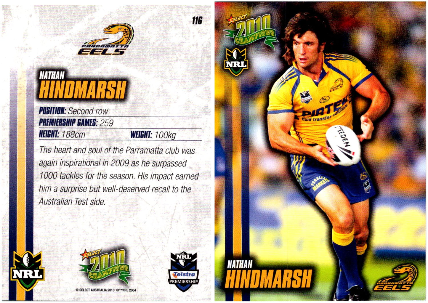 Card #  116 Nathan Hindmarsh NRL 2010 Champions