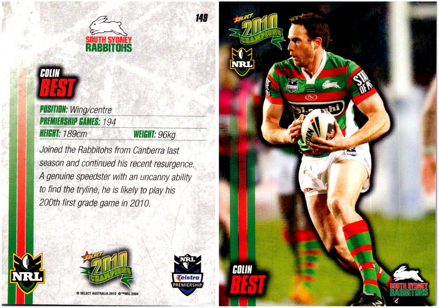 Card #  149 Colin Best NRL 2010 Champions