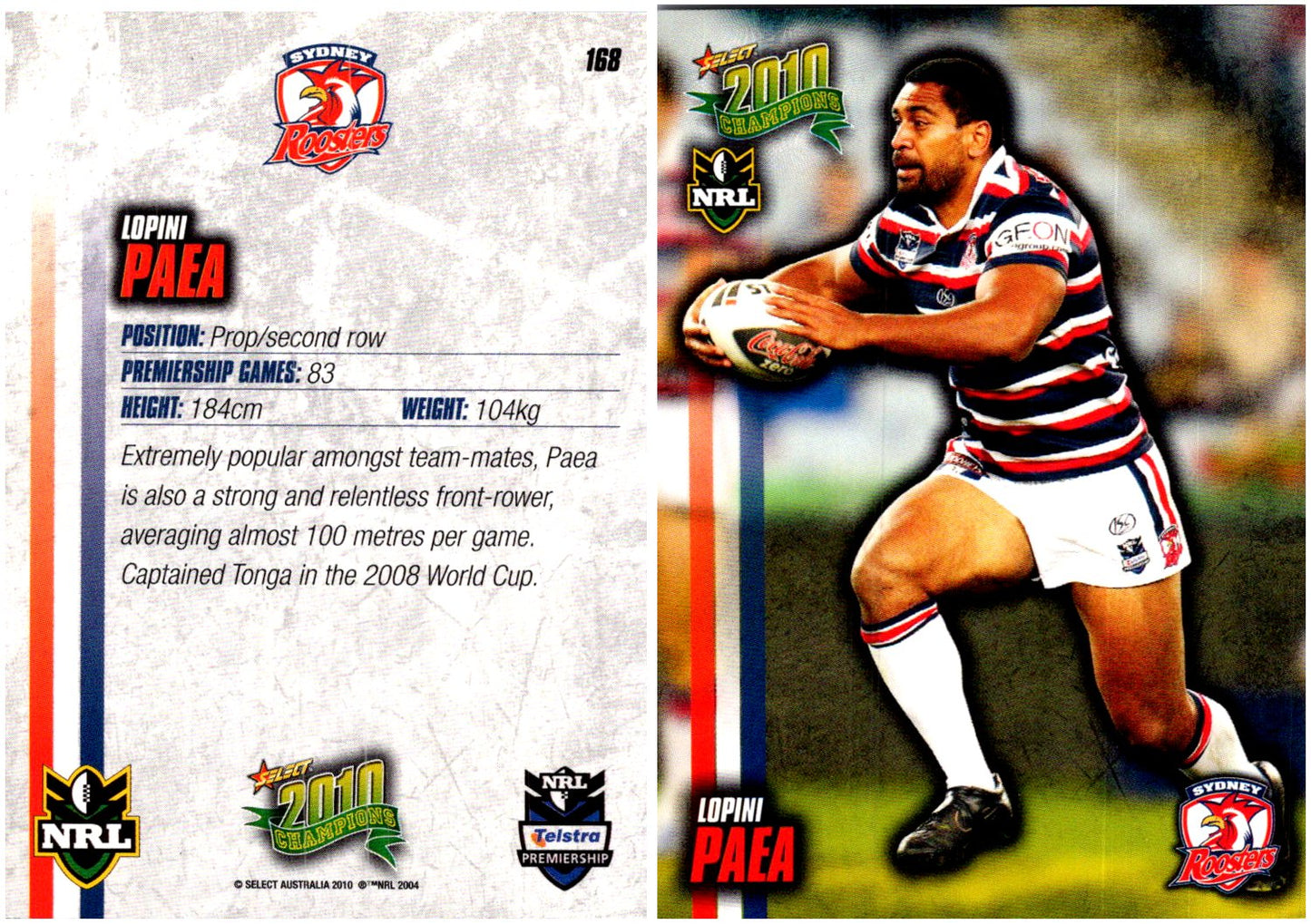 Card #  168 Lopini Paea NRL 2010 Champions