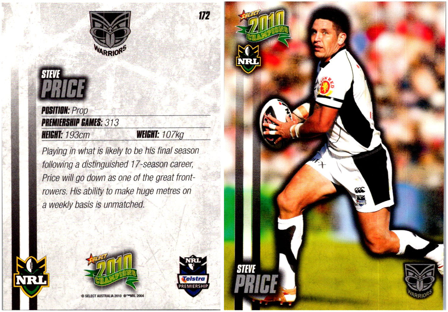Card #  172 Steve Price NRL 2010 Champions