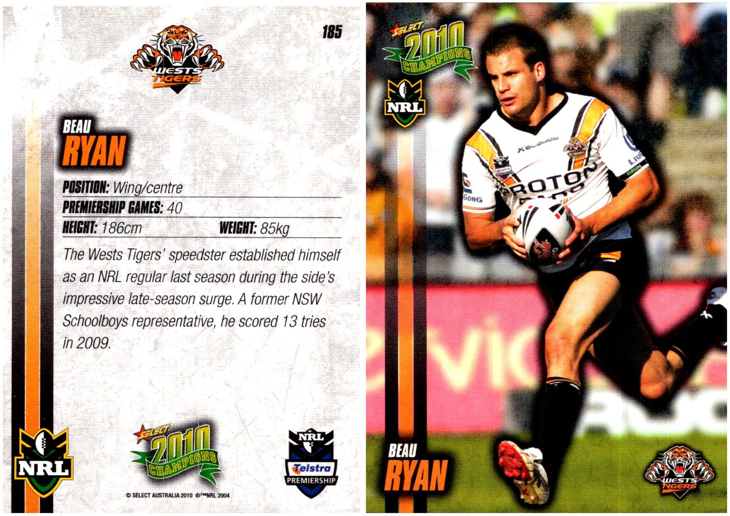 Card #  185 Beau Ryan NRL 2010 Champions