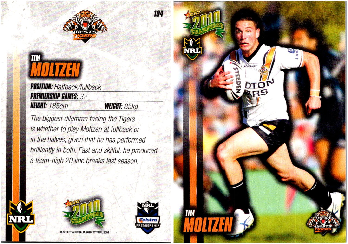 Card #  194 Tim Moltzen NRL 2010 Champions