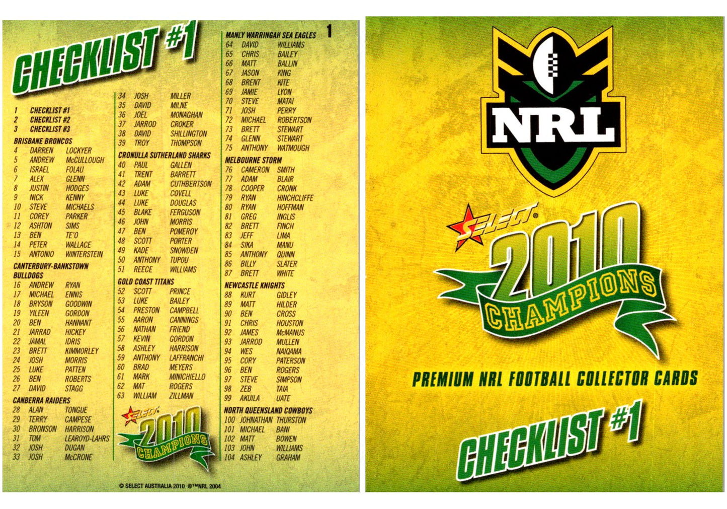 Card #  001 Checklist #1  NRL 2010 Champions