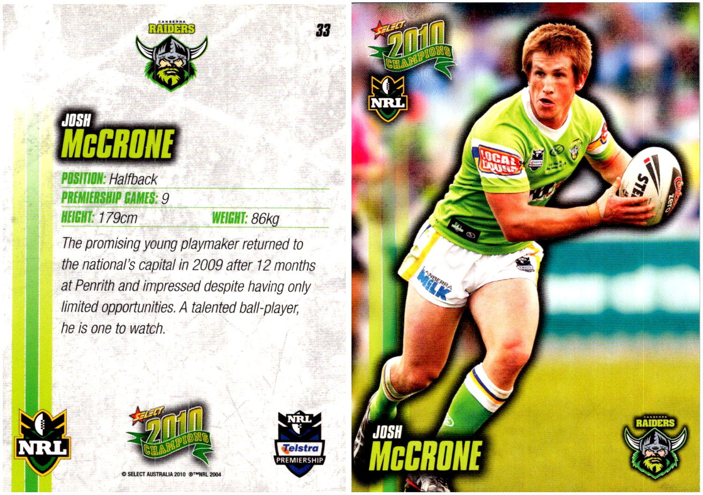 Card #  033 Josh McCrone NRL 2010 Champions