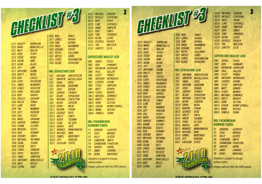 Card #  003 Checklist #3  NRL 2010 Champions
