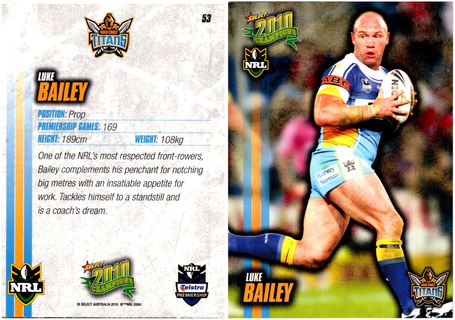 Card #  053 Luke Bailey NRL 2010 Champions