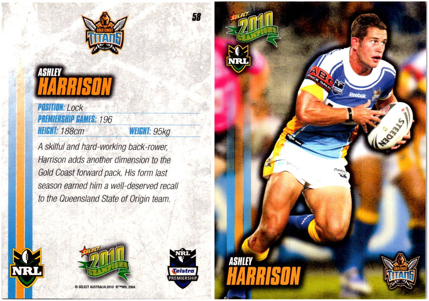 Card #  058 Ashley Harrison NRL 2010 Champions