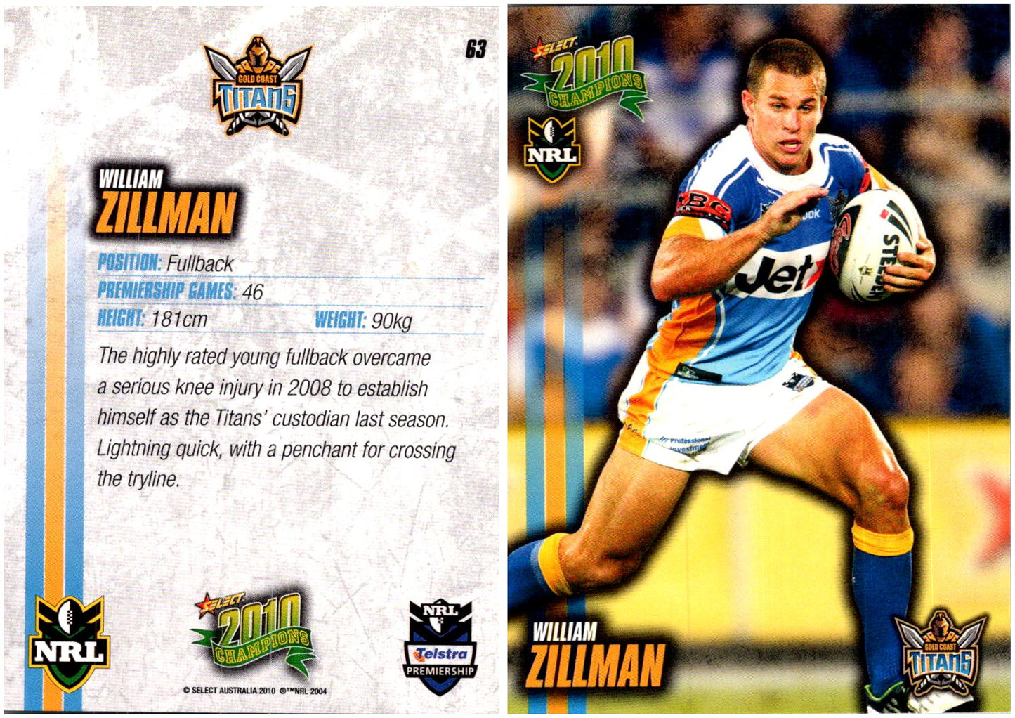 Card #  063 William Zillman NRL 2010 Champions