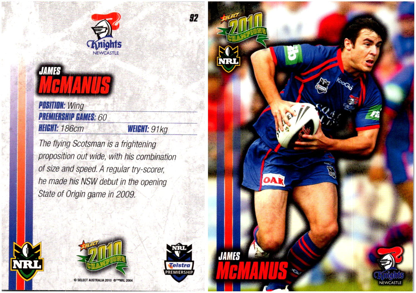 Card #  092 James McManus NRL 2010 Champions