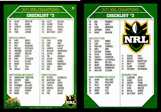 Card #  002 Checklist #2 NRL 2011 Champions