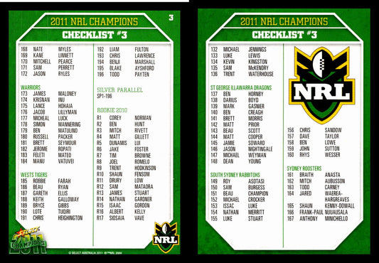 Card #  003 Checklist #3 NRL 2011 Champions