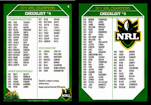 Card #  004 Checklist #4  NRL 2011 Champions