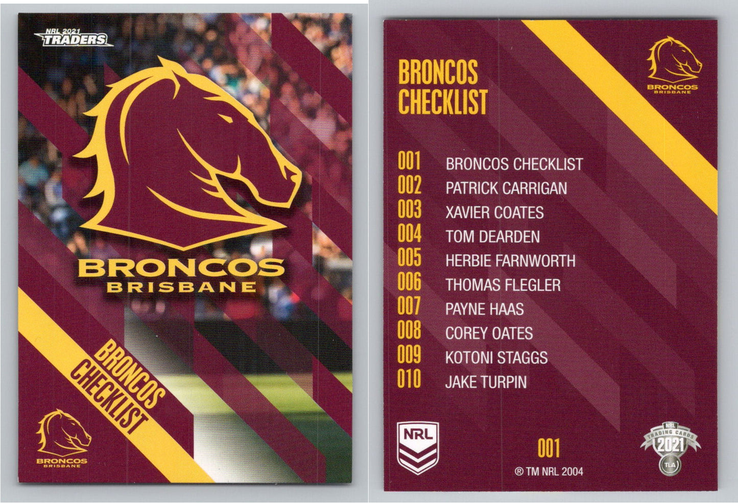 Card # 001 Broncos Checklist NRL 2021 Traders Broncos