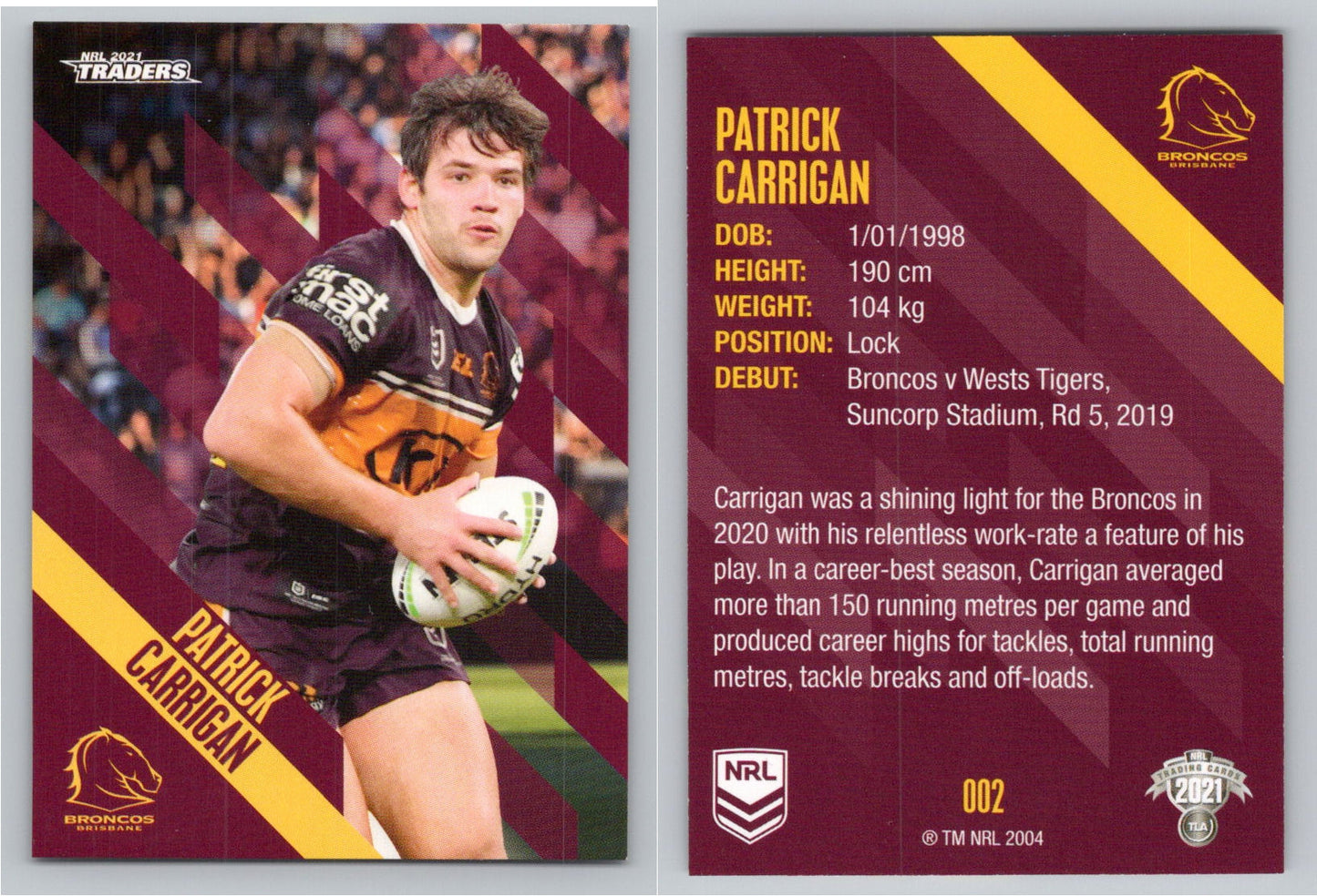 Card # 002 Patrick Carrigan NRL 2021 Traders Broncos