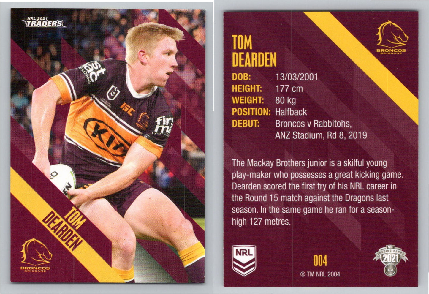 Card # 004 Tom Dearden NRL 2021 Traders Broncos