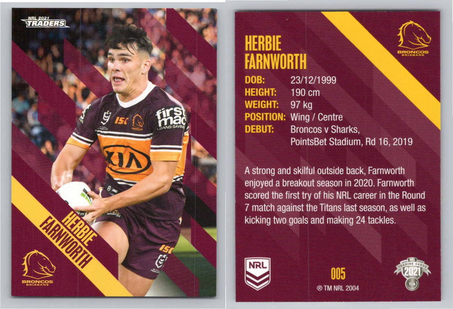 Card # 005 Herbie Farnworth NRL 2021 Traders Broncos