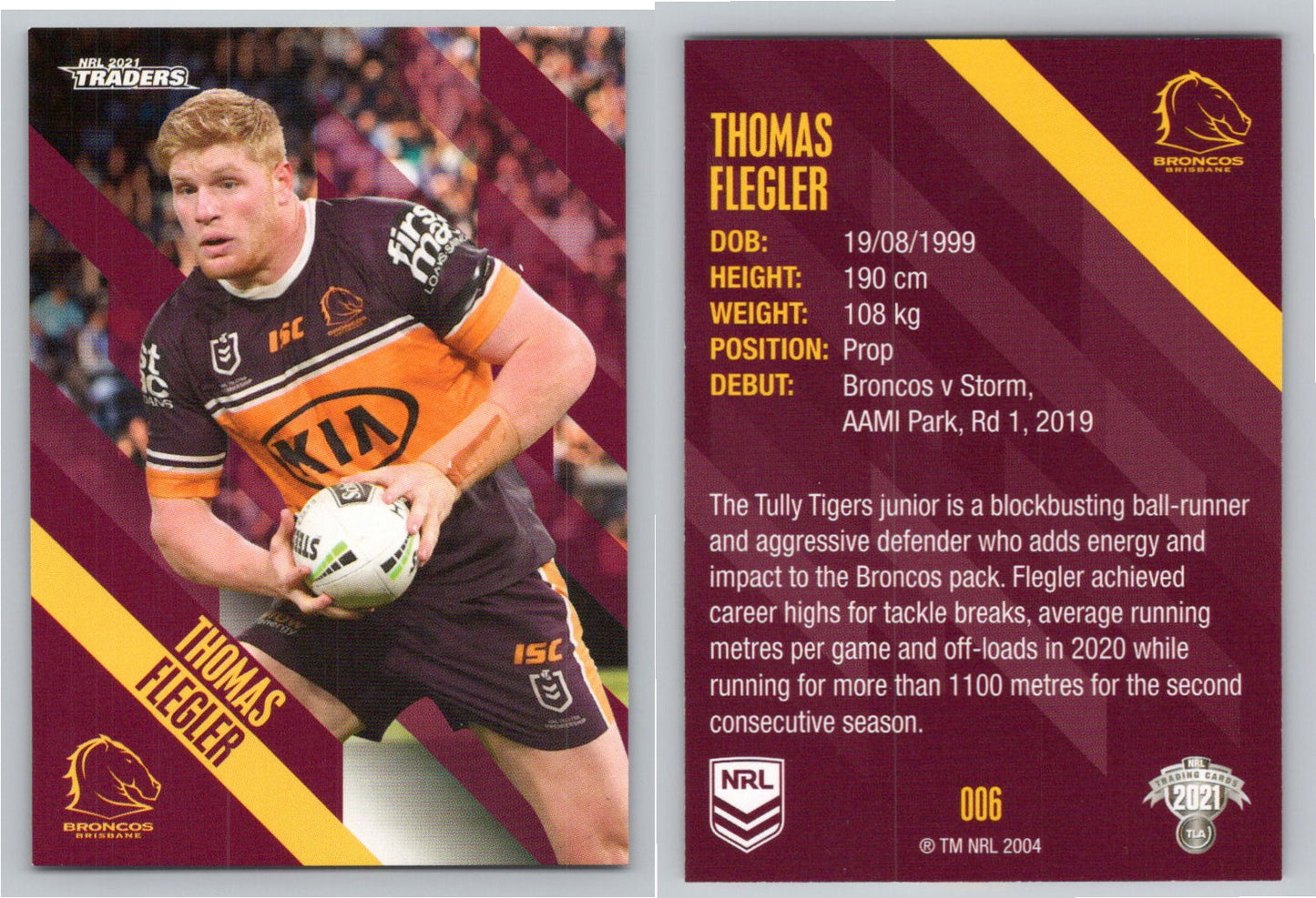 Card # 006 Thomas Flegler NRL 2021 Traders Broncos