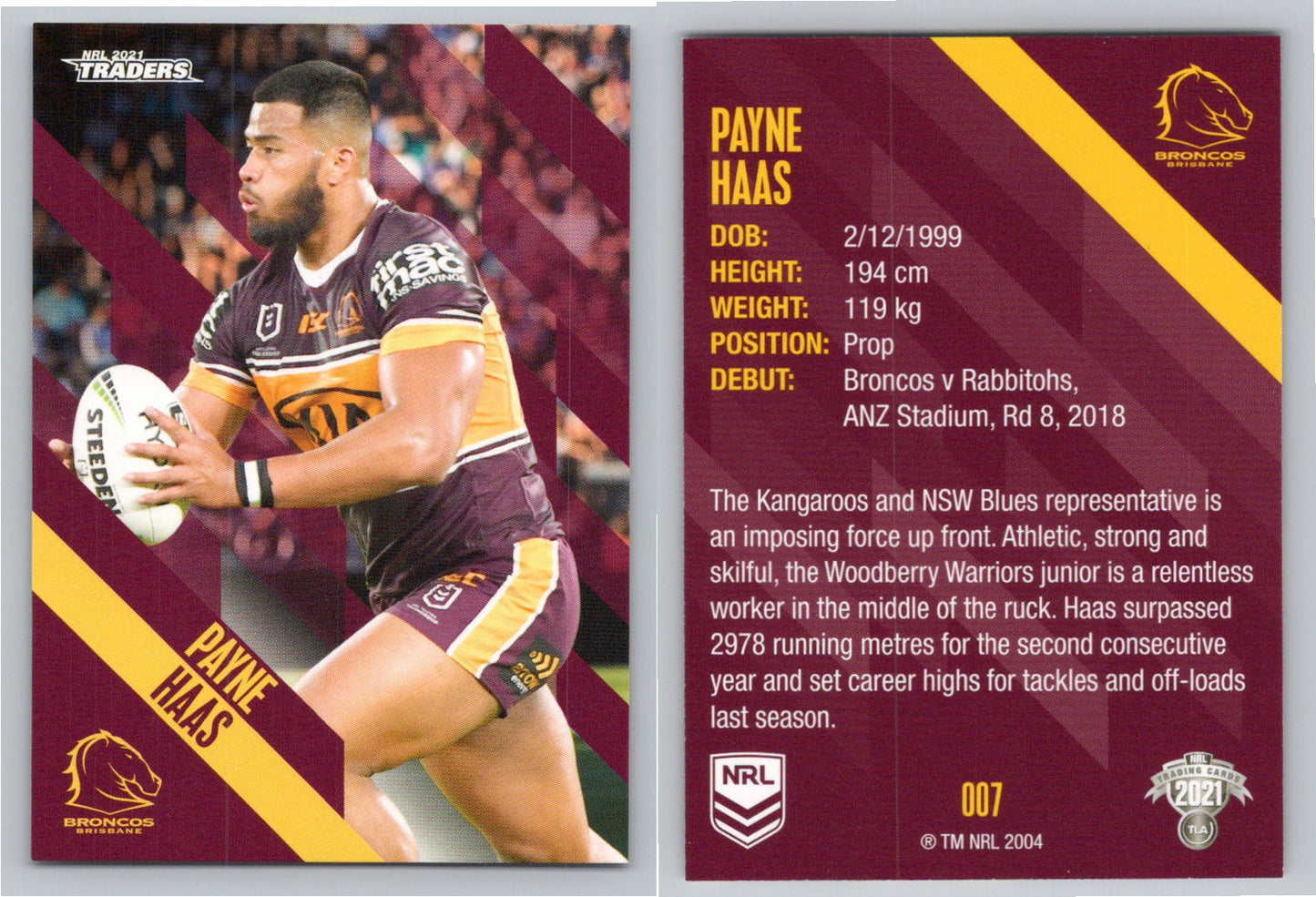 Card # 007 Payne Haas NRL 2021 Traders Broncos