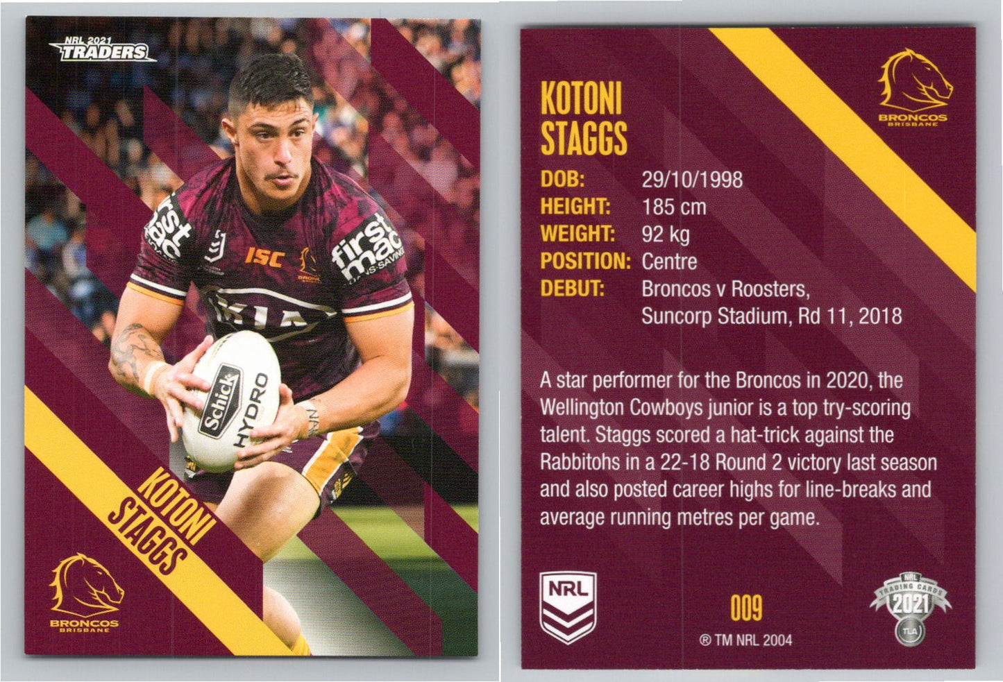 Card # 009 Kotoni Staggs NRL 2021 Traders Broncos