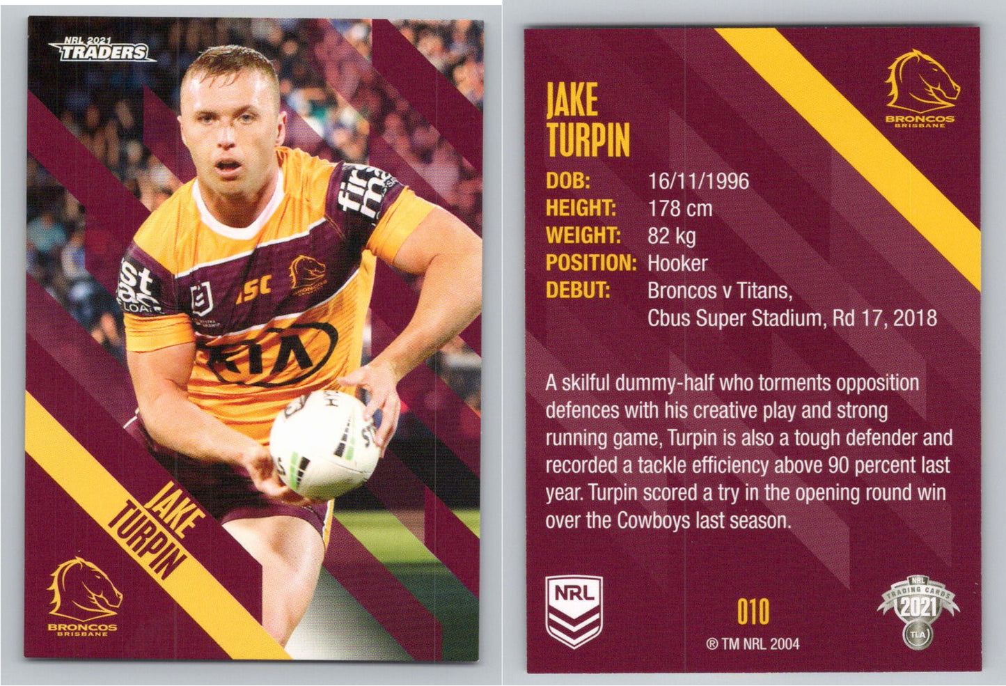 Card # 010 Jake Turpin NRL 2021 Traders Broncos