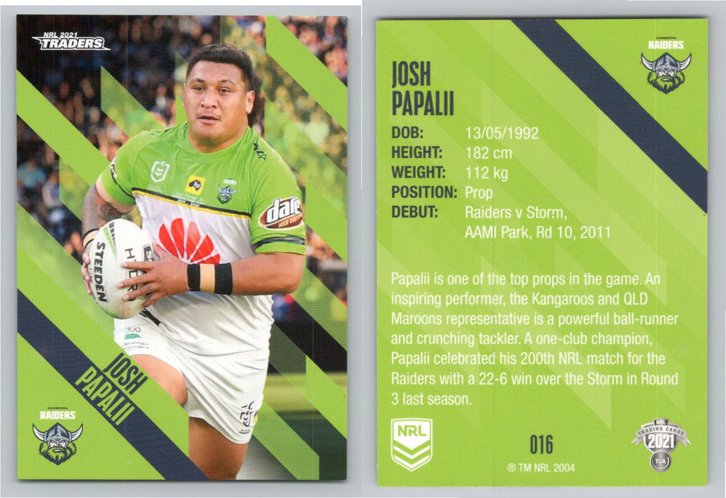 Card # 016 Josh Papalii NRL 2021 Traders Raiders