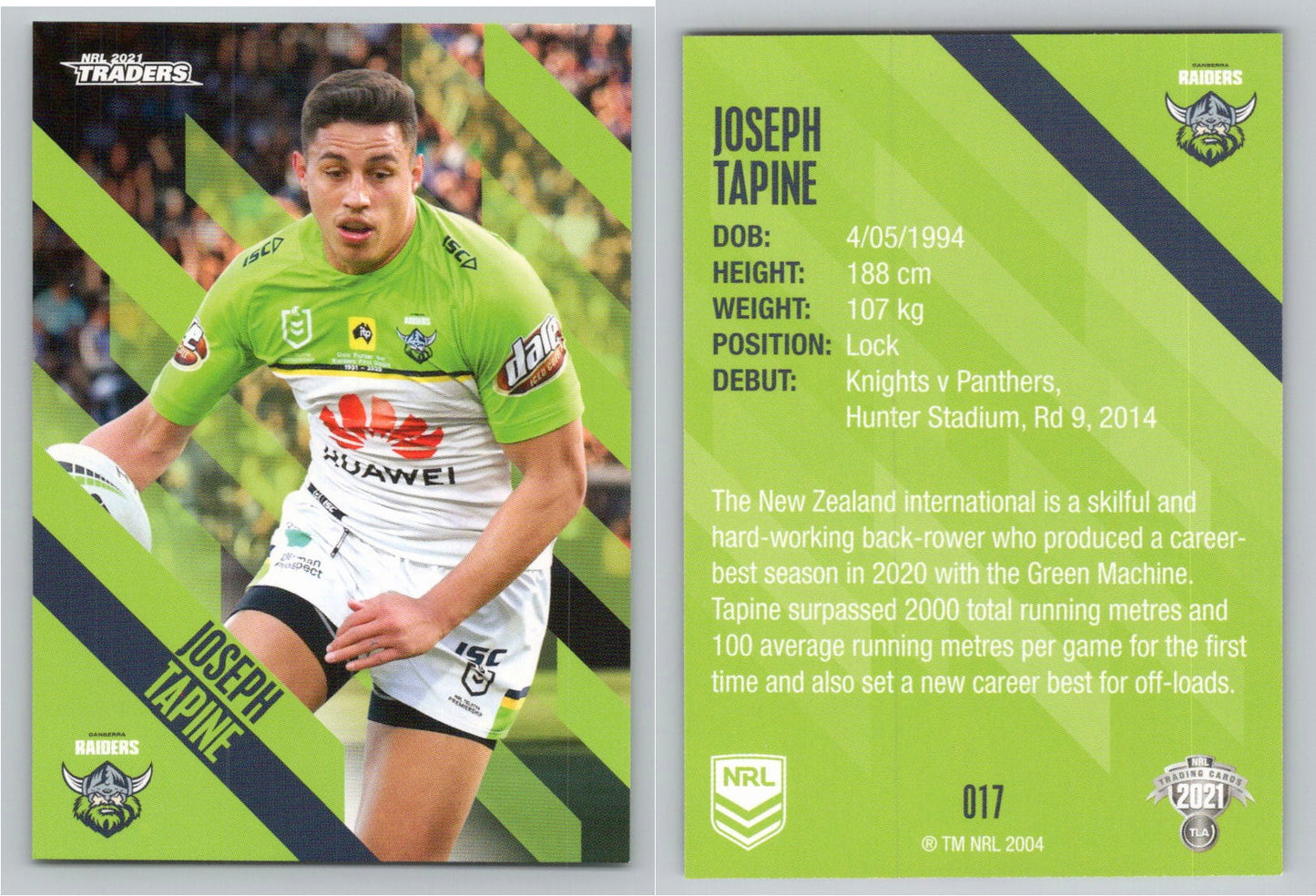 Card # 017 Joseph Tapine NRL 2021 Traders Raiders