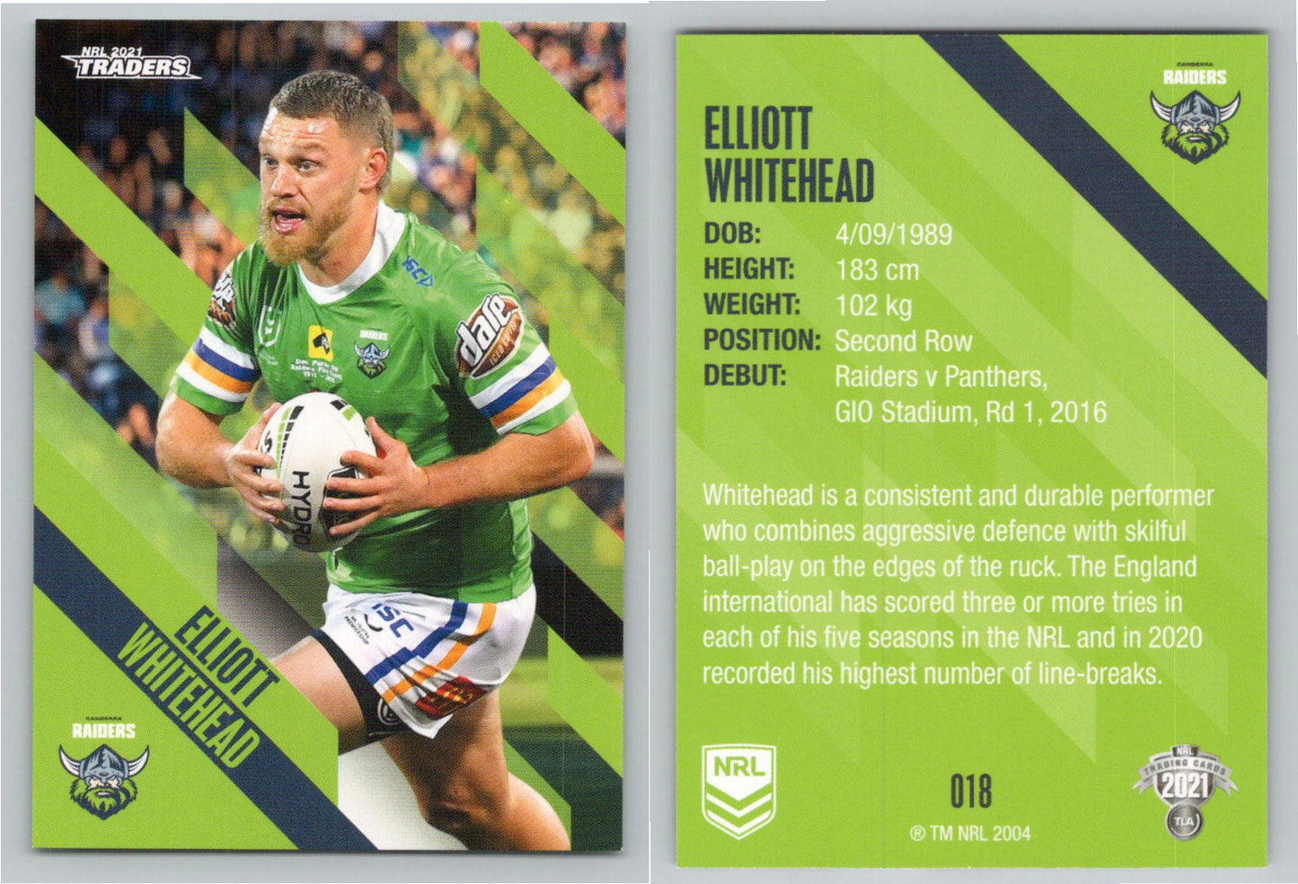 Card # 018 Elliott Whitehead NRL 2021 Traders Raiders