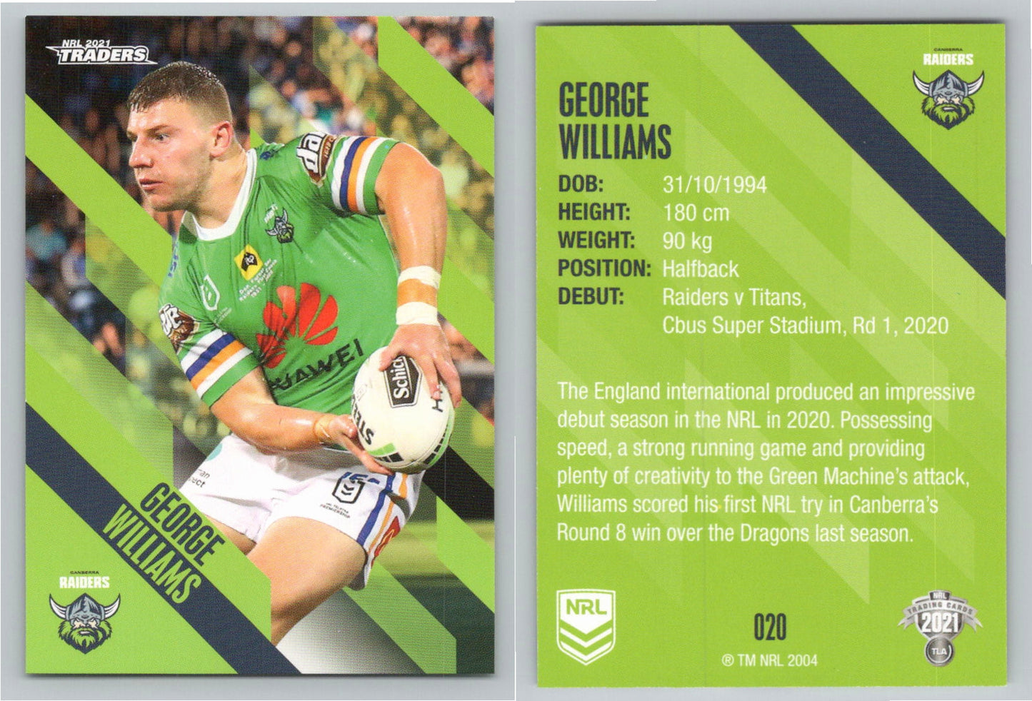 Card # 020 George Williams NRL 2021 Traders Raiders