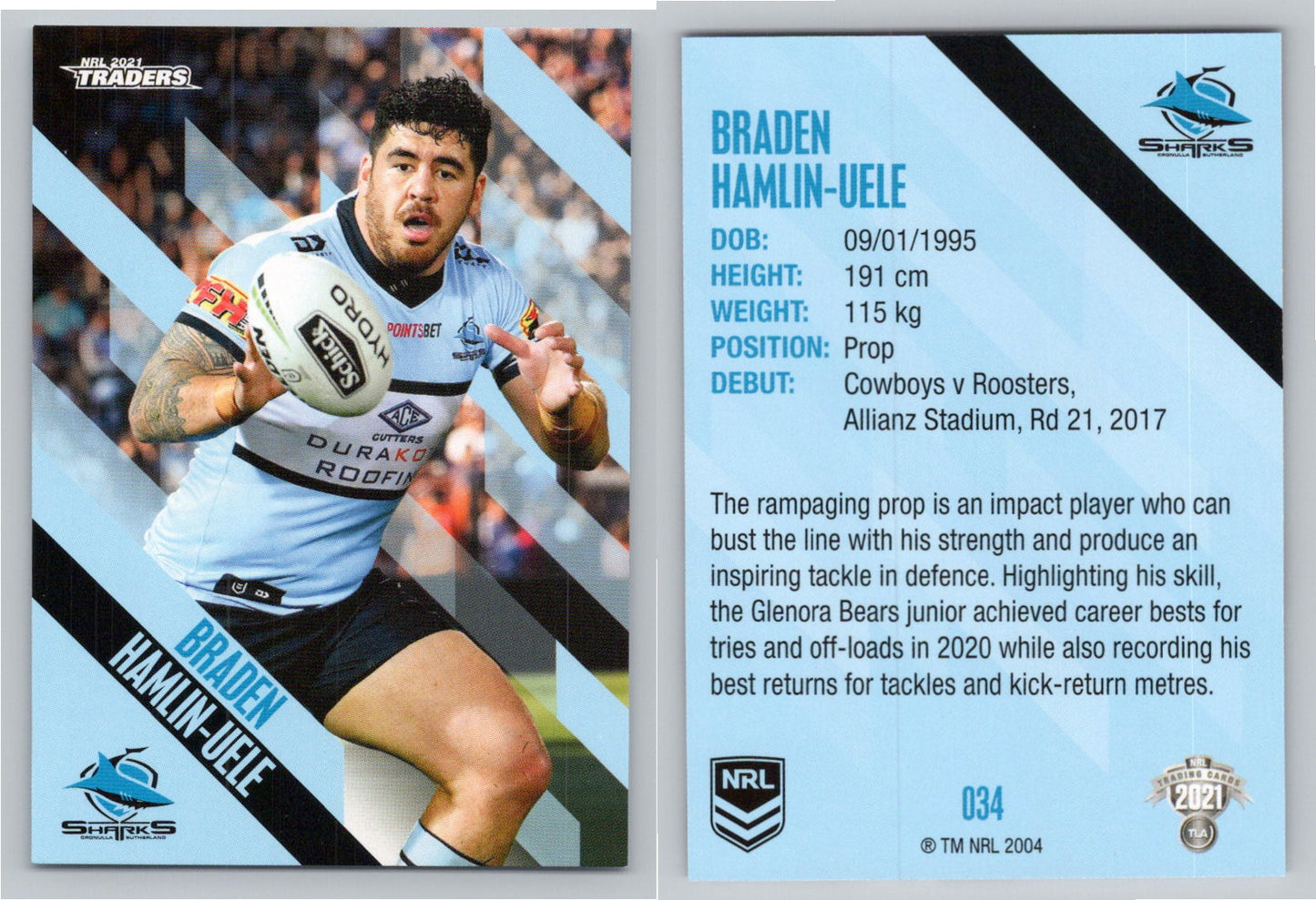 Card # 034 Braden Hamlin-Uele NRL 2021 Traders Sharks