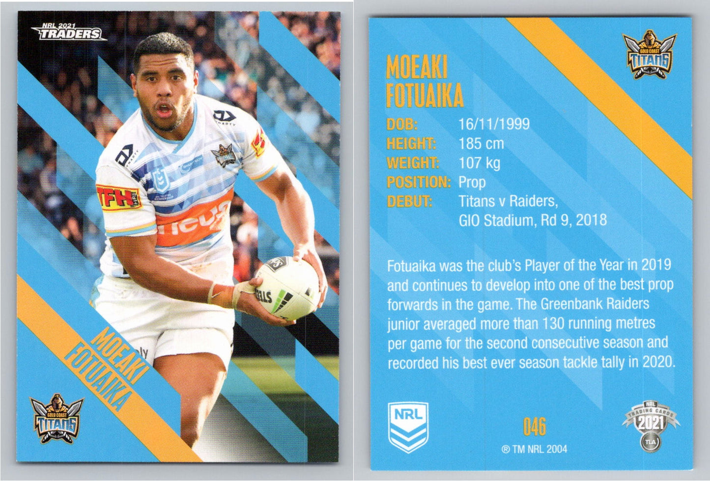 Card # 046 Moeaki Fotuaika NRL 2021 Traders Titans