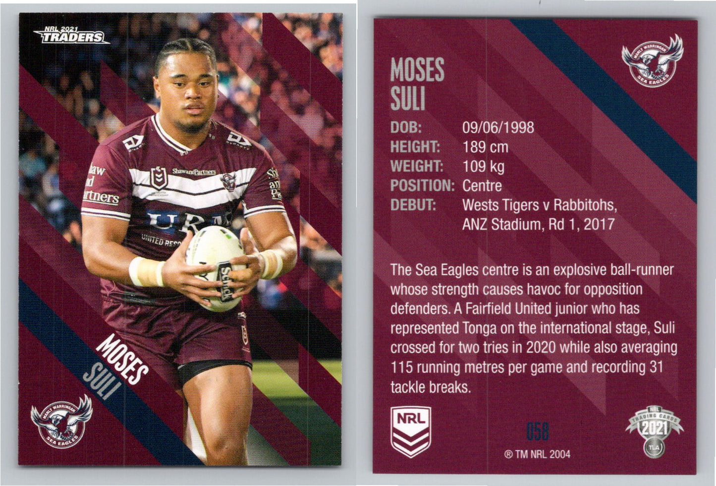 Card # 058 Moses Suli NRL 2021 Traders Sea Eagles