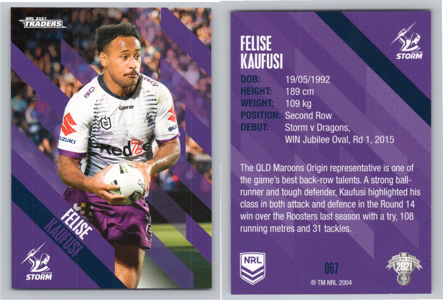 Card # 067 Felise Kaufusi NRL 2021 Traders Storm