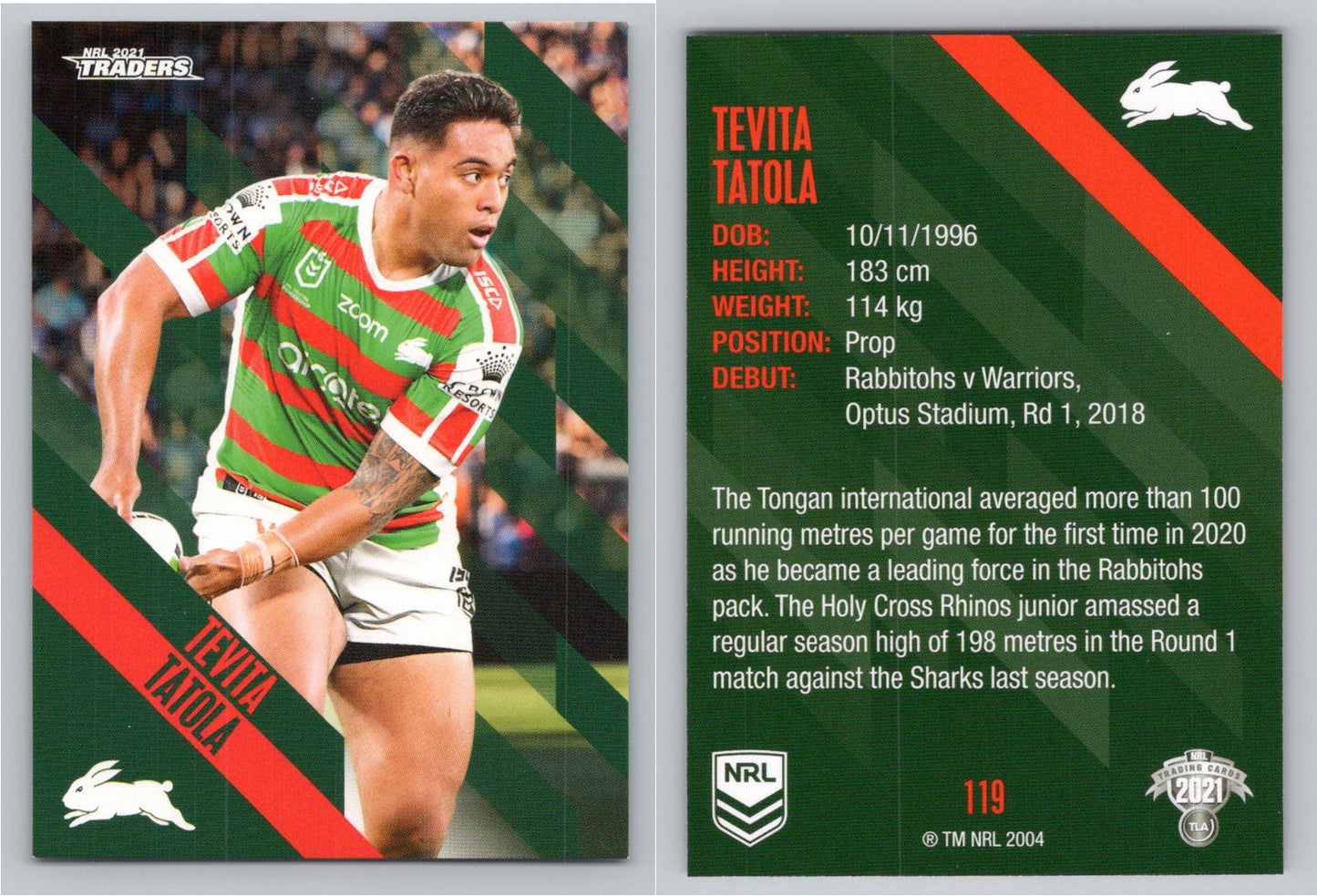 Card # 119 Tevita Tatola NRL 2021 Traders Rabbitohs