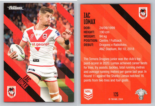 Card # 125 Zac Lomax NRL 2021 Traders Dragons