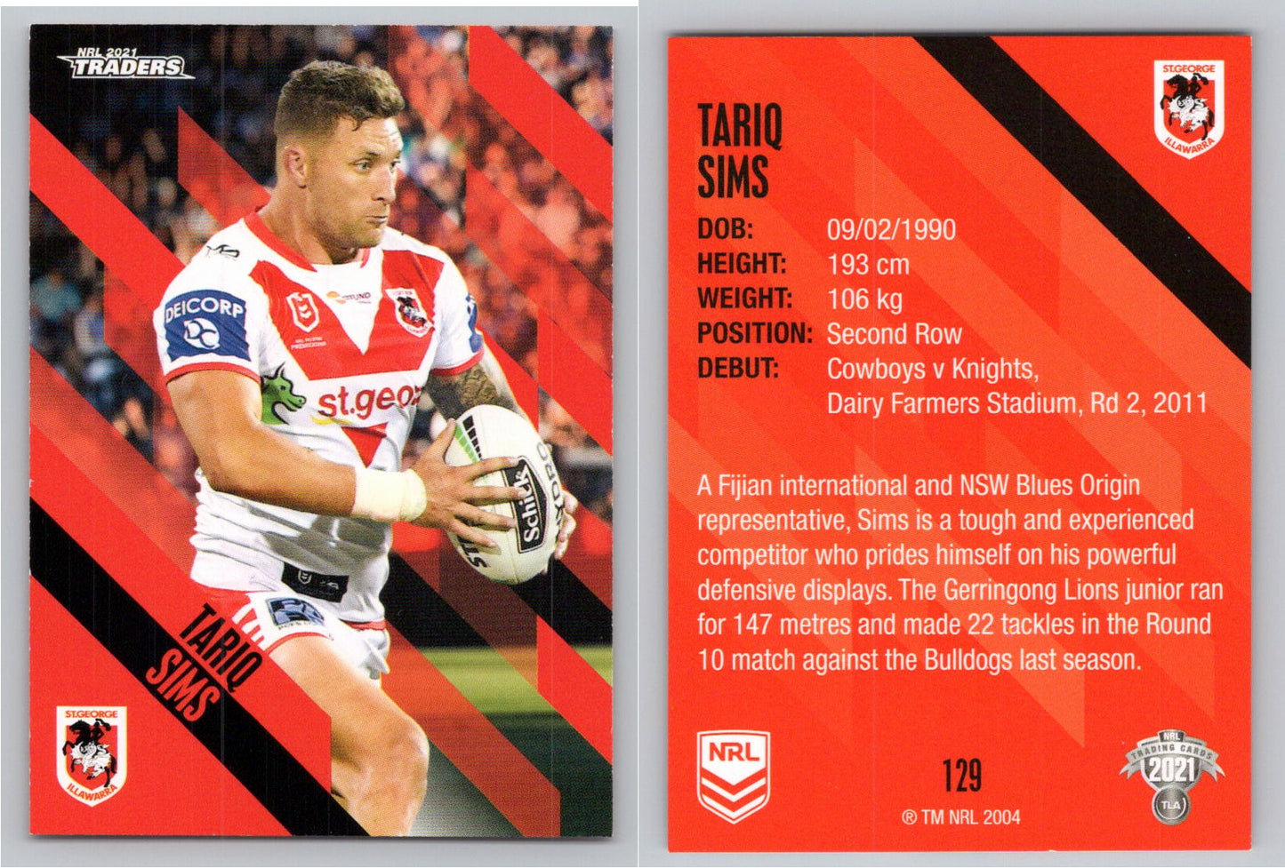 Card # 129 Tariq Sims NRL 2021 Traders Dragons