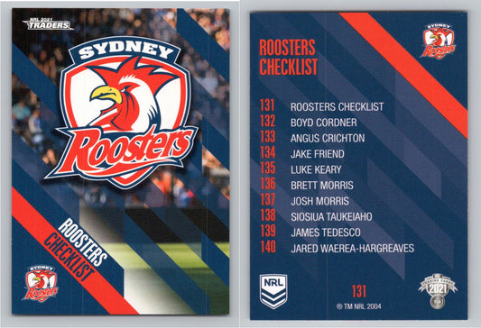 Card # 131 Roosters Checklist NRL 2021 Traders Roosters