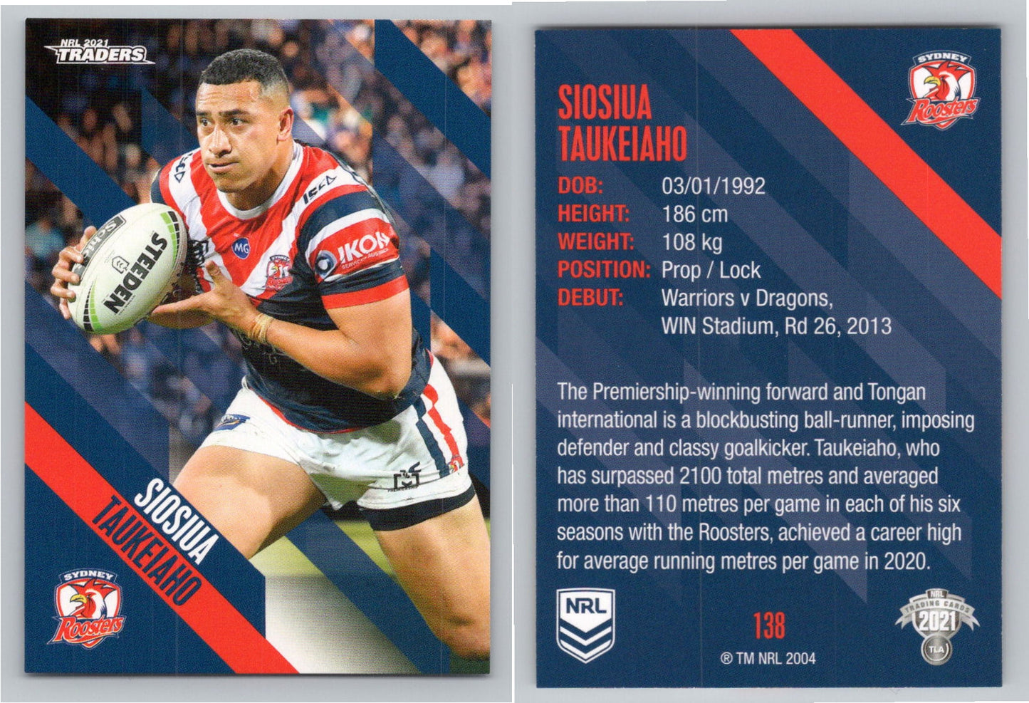 Card # 138 Siosiua Taukeiaho NRL 2021 Traders Roosters