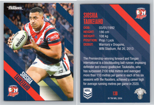 Card # 138 Siosiua Taukeiaho NRL 2021 Traders Roosters