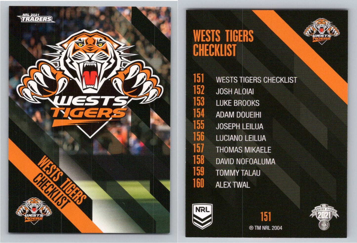 Card # 151 Wests Tigers Checklist NRL 2021 Traders Wests Tigers