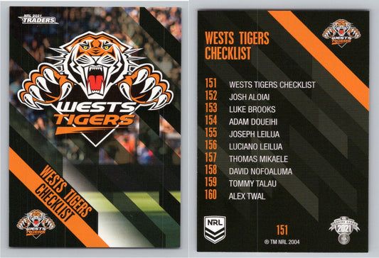 Card # 151 Wests Tigers Checklist NRL 2021 Traders Wests Tigers