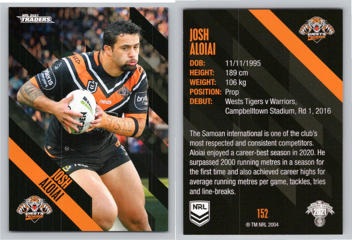 Card # 152 Josh Aloiai NRL 2021 Traders Wests Tigers