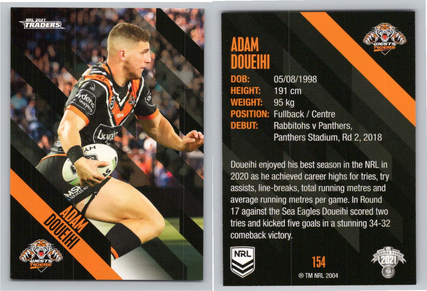 Card # 154 Adam Doueihi NRL 2021 Traders Wests Tigers
