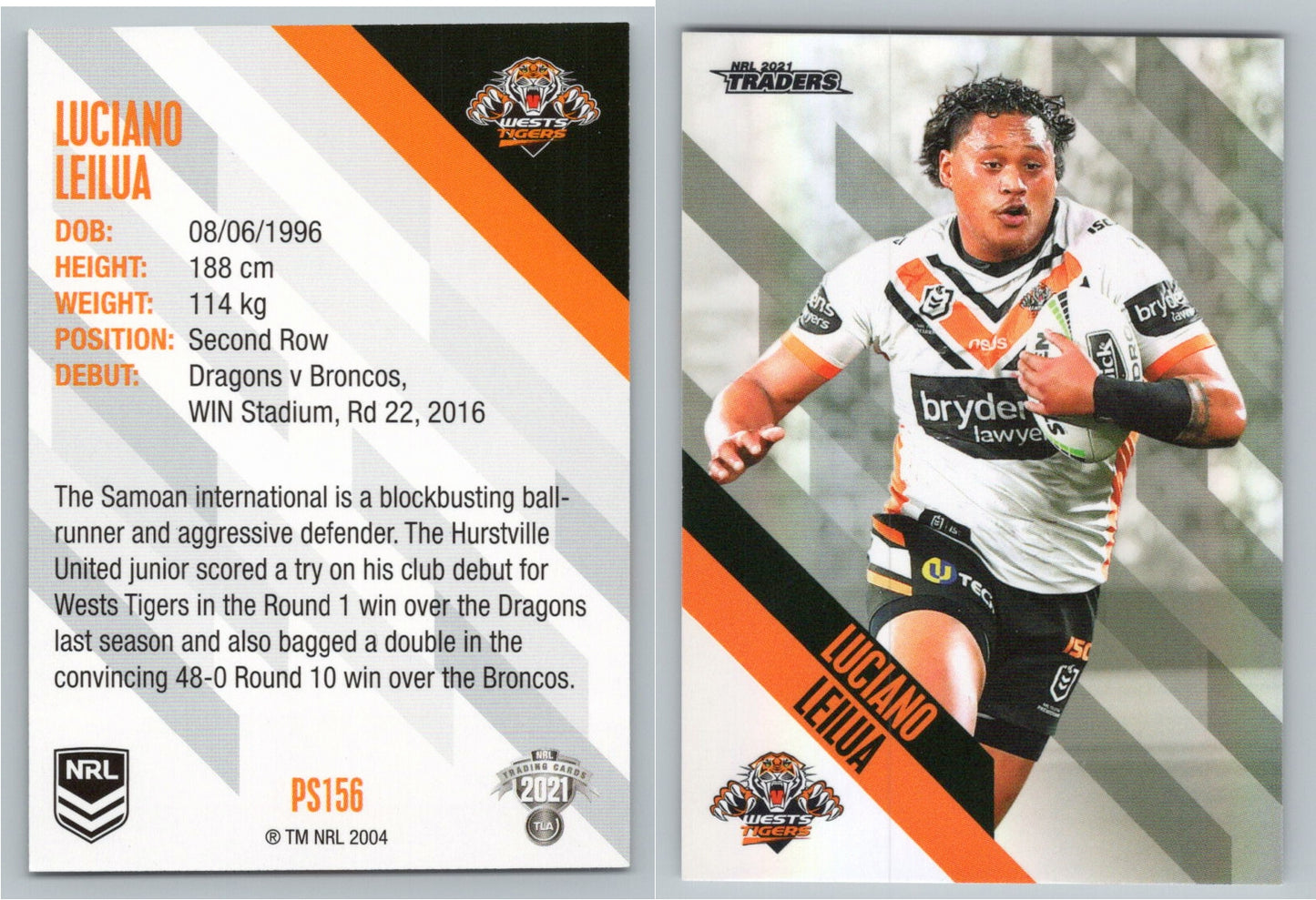 Card # PS 156 Luciano Leilua NRL 2021 Traders Tigers