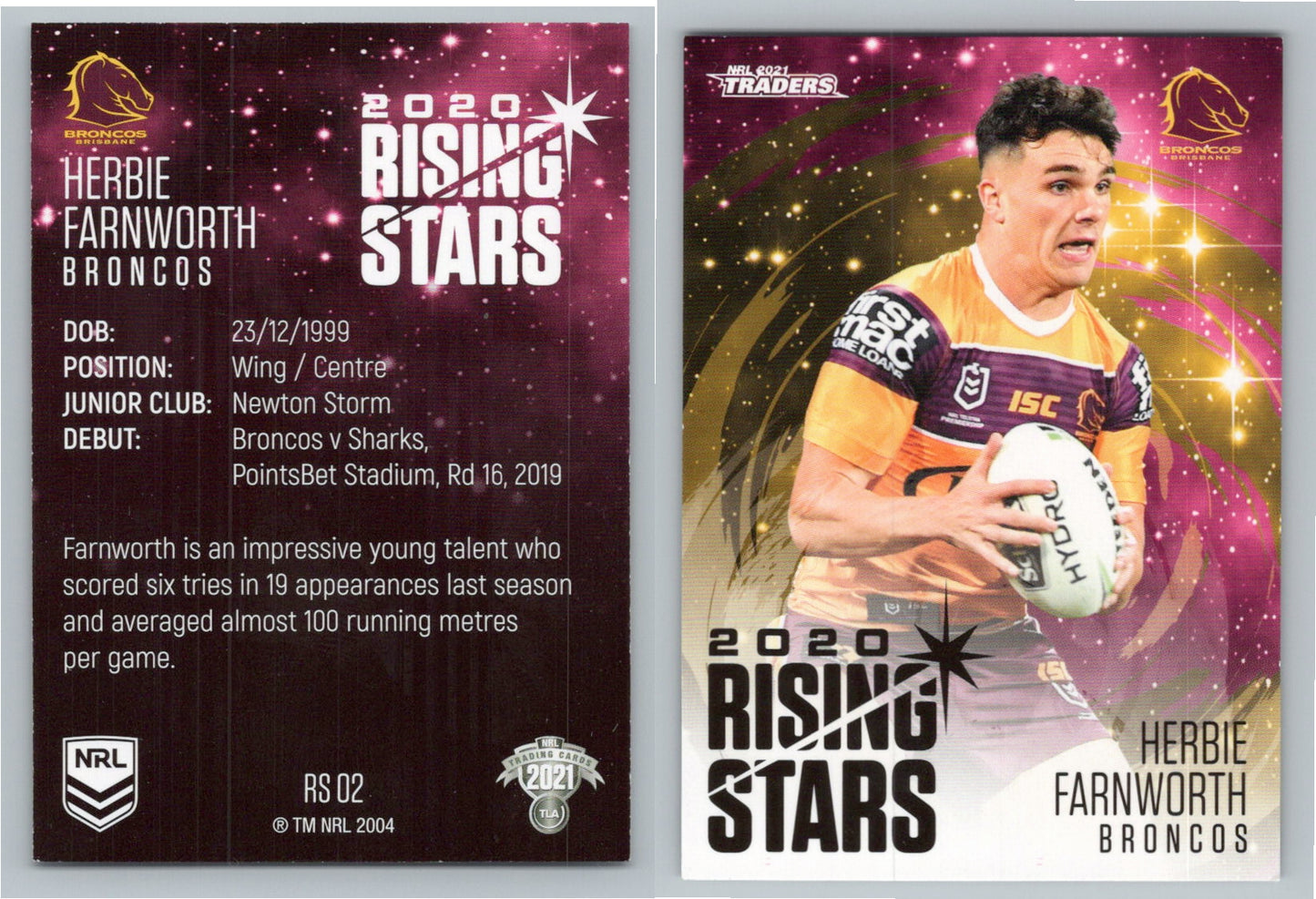 Card # RS 02 Herbie Farnworth Rising Star NRL 2021 Traders