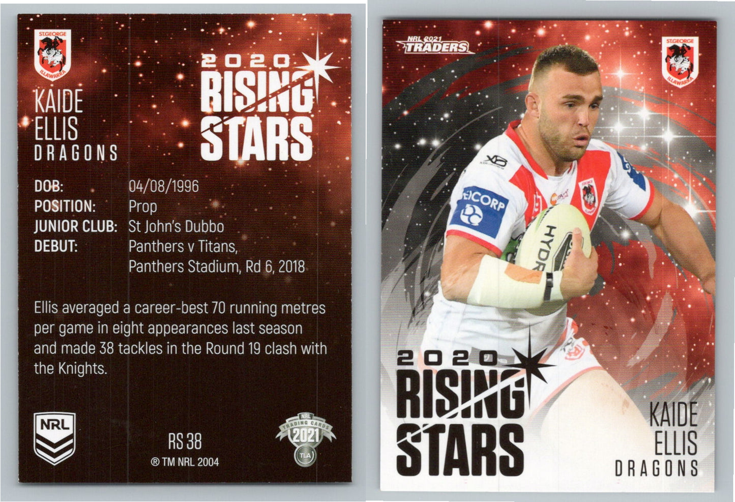 Card # RS 38 Kaide Ellis Dragons Rising Star NRL 2021 Traders
