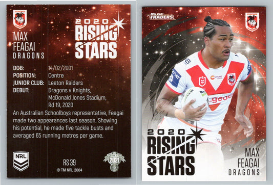 Card # RS 39 Max Feagai Dragons Rising Star NRL 2021 Traders